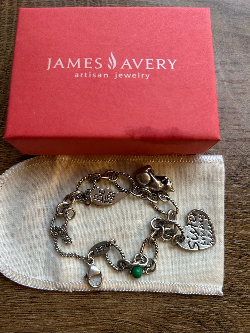 James Avery Silver Charm Bracelet with Green Bead Accent
